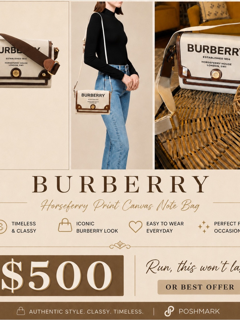 Burberry Cream & Brown Horseferry Canvas Crossbody Bag
